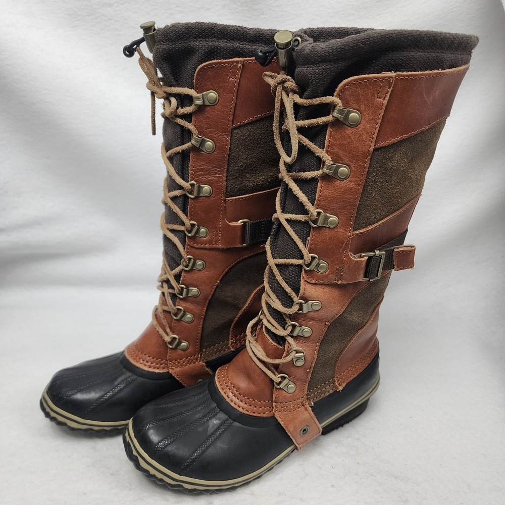 Sorel Conquest Carly NL2033-281 Womens 7.5 Tall Winter Boots Brown Black Leather
